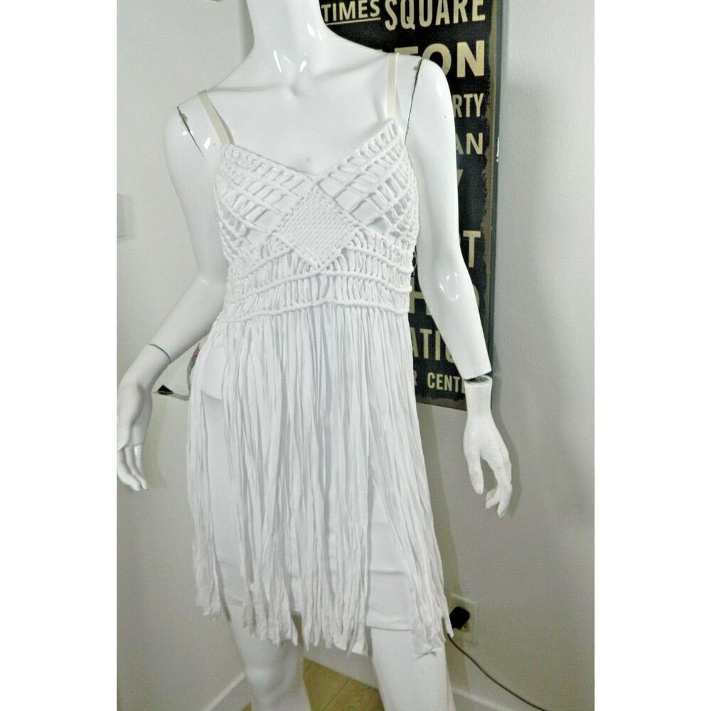 Bebe Dress Size Medium White Fringe Bodycon Fitted Stretch